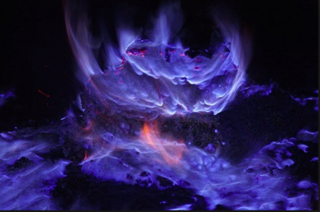 blue flames of burning sulfur